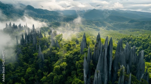 towering limestone pinnacles and lush green forest at gunung mulu national park aerial landscape photography photo