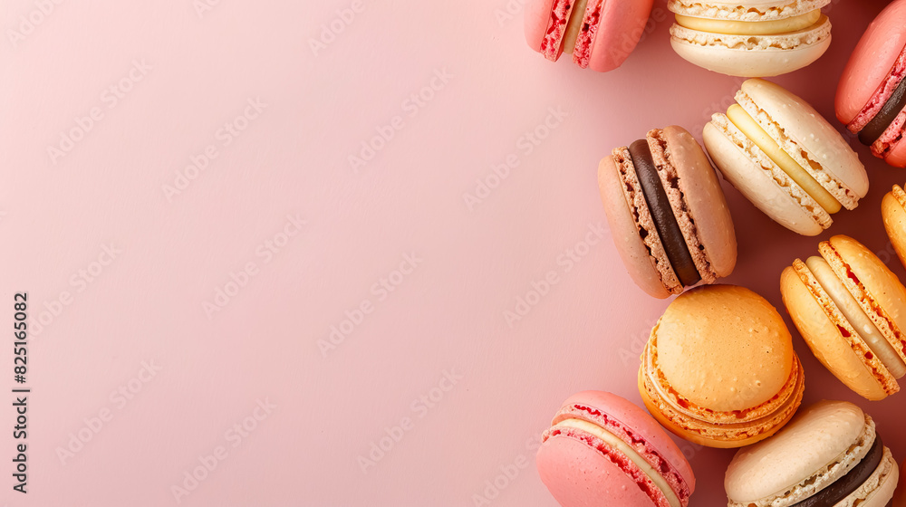 top view flat lay macarons on light pink background with copy space. top view flat lay macarons on light pink background with copy space.