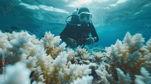 Photo realistic image of volunteers restoring coral reefs affected by bleaching against glossy backdrop, symbolizing efforts to support marine ecosystems impacted by carbon polluti