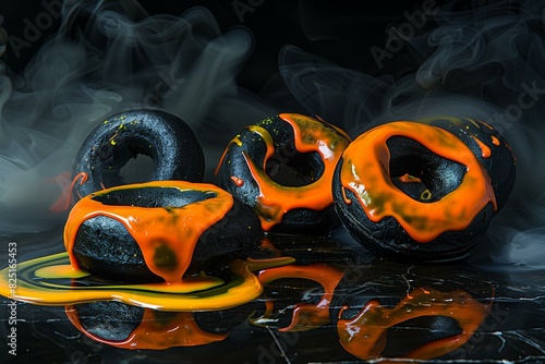 Charcoal activated vegan donuts, striking and modern, with neon colored glazes, showcasing the trend towards both health conscious and visually bold treats for Halloween photo