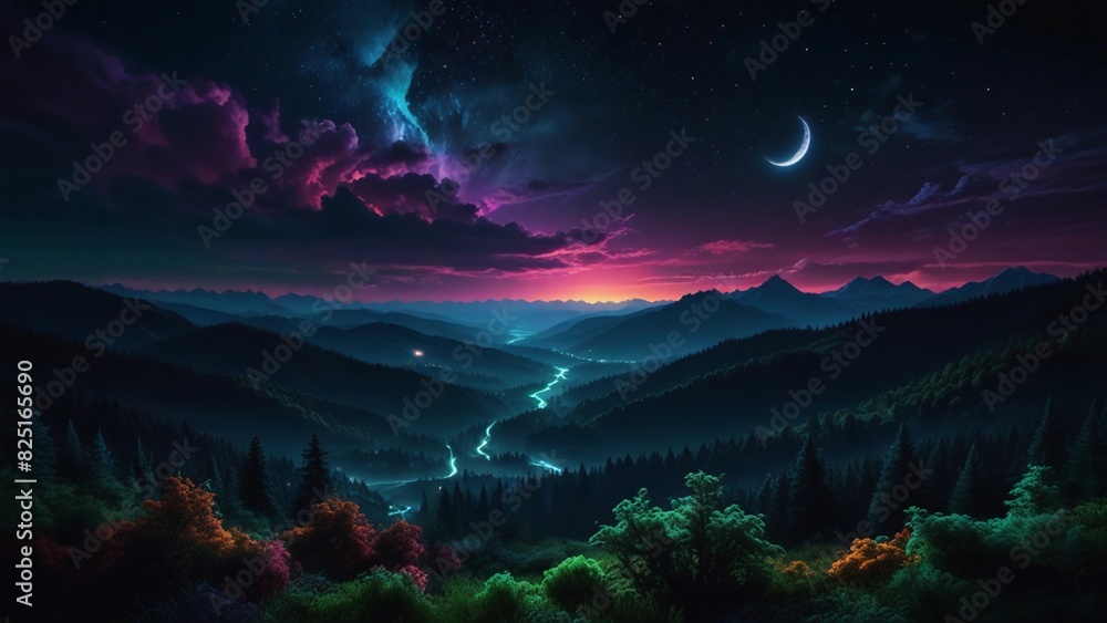 Naklejka premium mountains with a very beautiful and peaceful moon