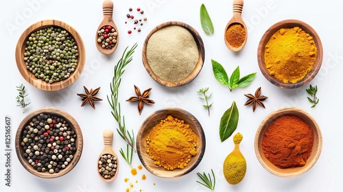 variety of colorful spices and herbs on white background top view of spice arrangement food ingredient photo