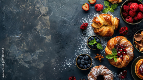 top view flat lay pastries with berries on dark background with copy space. photo
