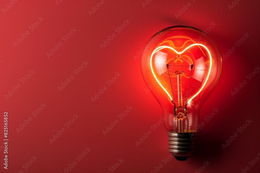 Light bulb with a heart shape glowing filament on a red background, love concept Light bulb with a heart shape glowing filament on a red background, love concept