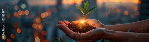 Sustainable growth in an urban setting, hands nurturing a glowing plant, city lights in the backdrop photo