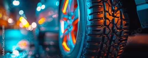 Smart tire with embedded sensors, holographic display, tech savvy environment, metallic tones, photo realistic photo