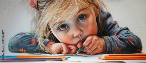 Little girl drawing with colored pencils