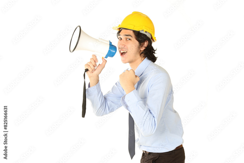 Portrait of young engineer wear yellow safety helmet shouting on the megaphone and looking at camera over white background Portrait of young engineer wear yellow safety helmet shouting on the megaphone and looking at camera over white background
