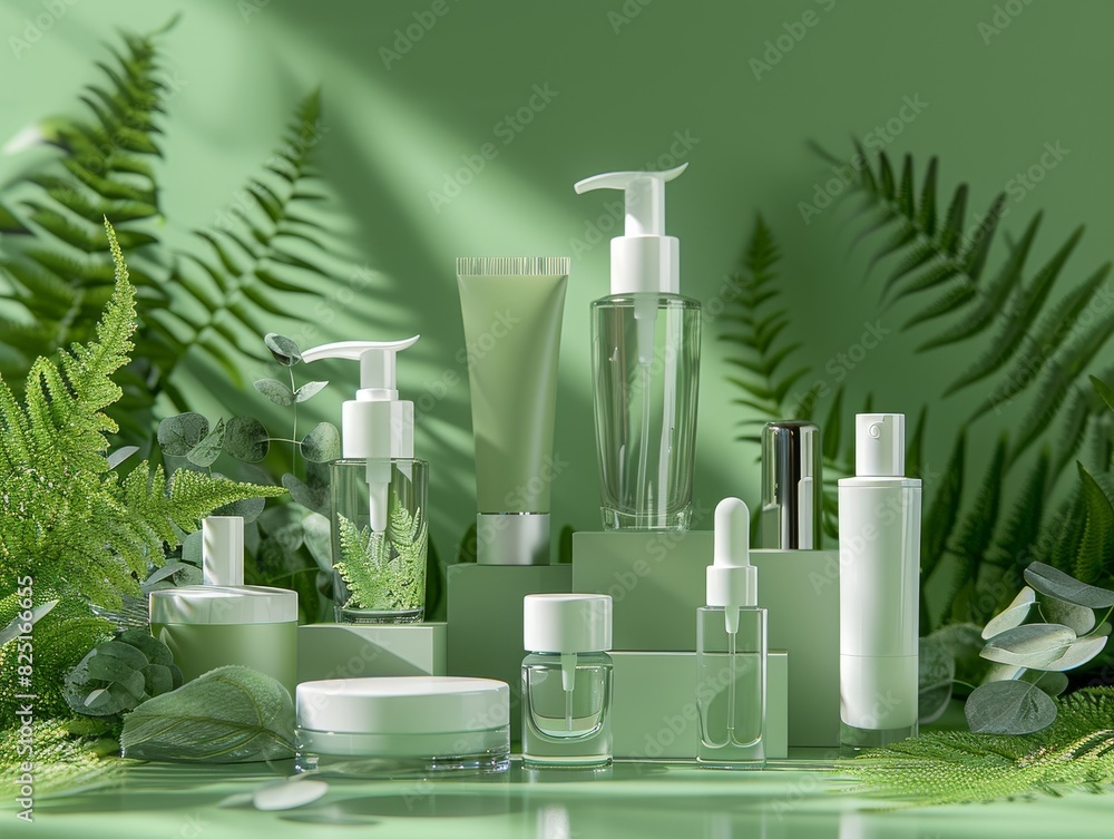 Mockup cosmetic product set. Green background and nature Mockup cosmetic product set. Green background and nature