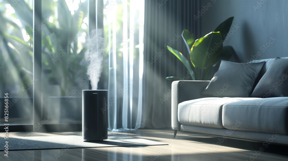 A high-tech air purifier in the corner of a stylish living room, with light beams showing clean air flow. Dynamic and dramatic composition, with cope space