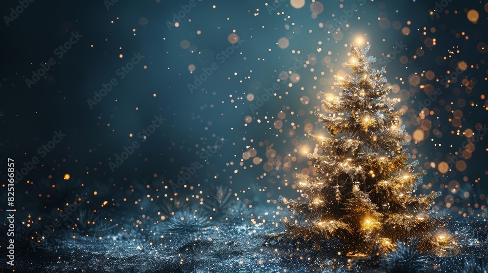 Christmas tree in dazzling and glittering light in the frozen winter landscape