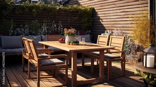 photo of a backyard patio with outdoor dining furniture.