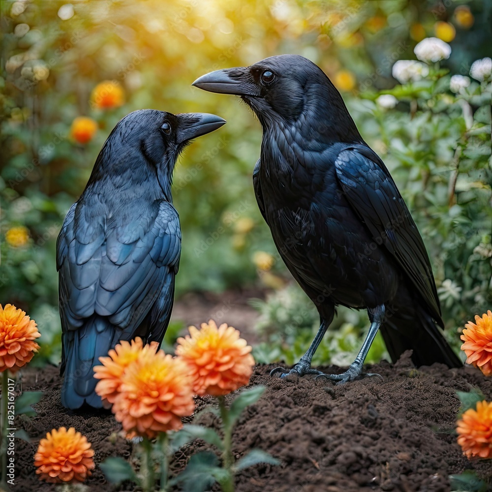 Fototapeta premium colored crow in the flowers in garden 