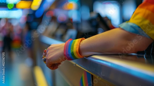 Closeup of a train station attendants hand holding a ticket, rainbowcolored wristband, subtle Pride flag reflections on the counter in the background photo