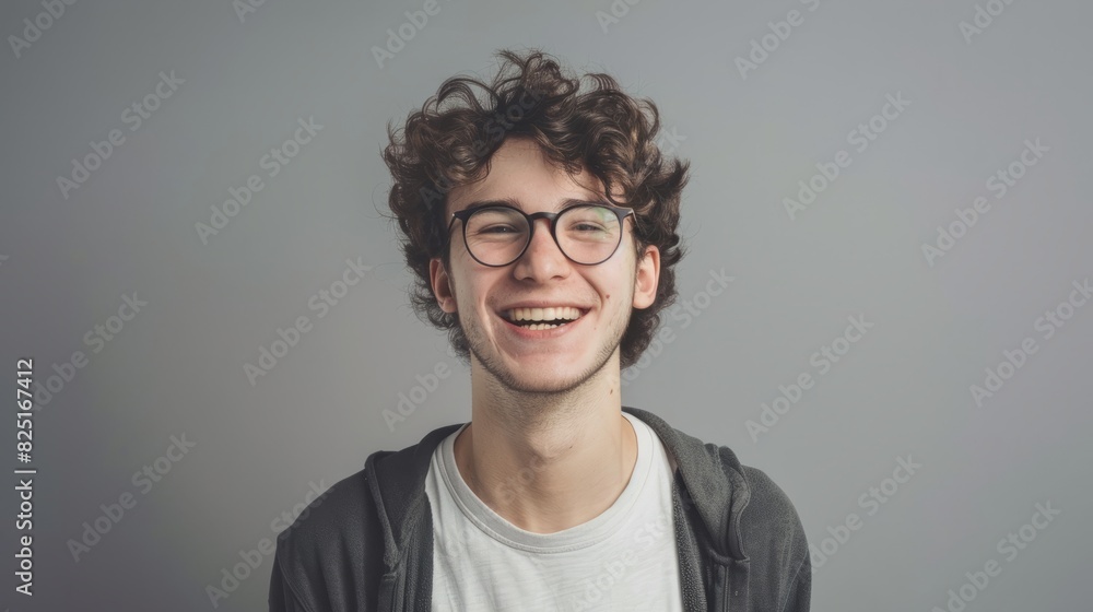 Obraz premium Portrait of young handsome smiling business guy wearing gray shirt and glasses, feeling confident with crossed arms, isolated on white background