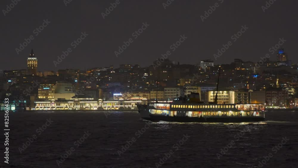 Gliding through the Bosphorus Strait the beautifully lit ferry at night, with the enchanting lights of Istanbul dancing across the water. Gliding through the Bosphorus Strait the beautifully lit ferry at night, with the enchanting lights of Istanbul dancing across the water.