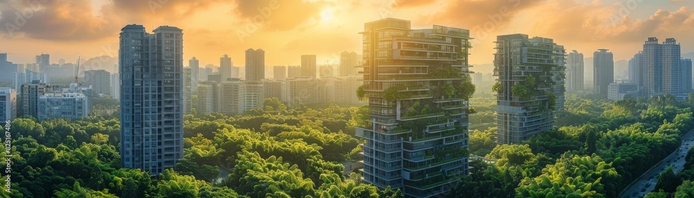 Sustainable urban landscape, modern towers and lush greenery highlighted by sunrise, visionary city planning