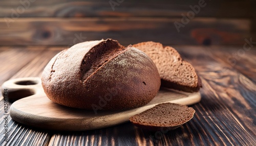 Homemade wholegrain brown bread on rustic wooden background, generative AI photo