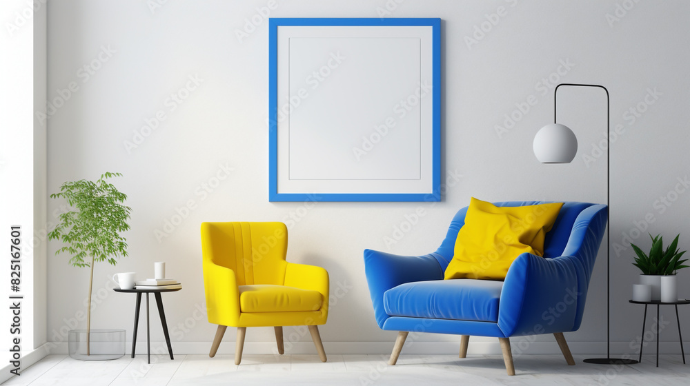A vibrant living room with electric blue accents, a comfortable yellow armchair, and a blank white frame mockup standing on a white side table. A vibrant living room with electric blue accents, a comfortable yellow armchair, and a blank white frame mockup standing on a white side table.