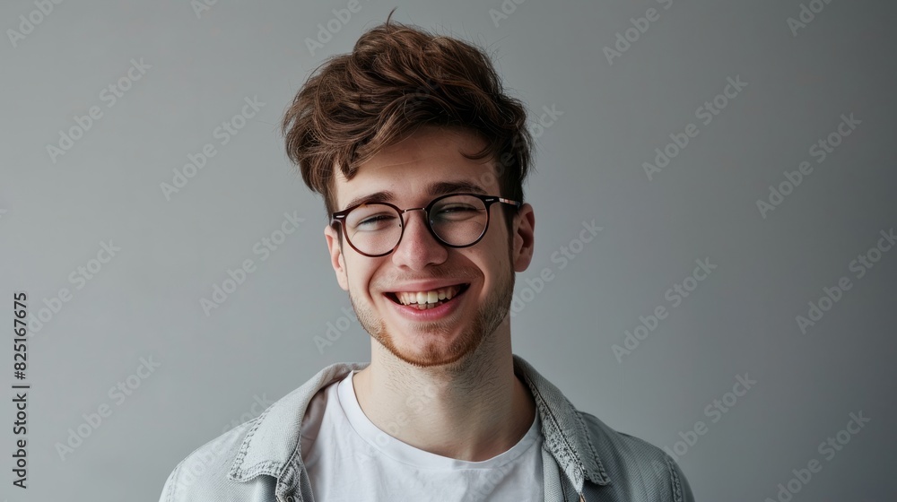 Portrait of young handsome smiling business guy wearing gray shirt and glasses, feeling confident with crossed arms, isolated on white background Portrait of young handsome smiling business guy wearing gray shirt and glasses, feeling confident with crossed arms, isolated on white background