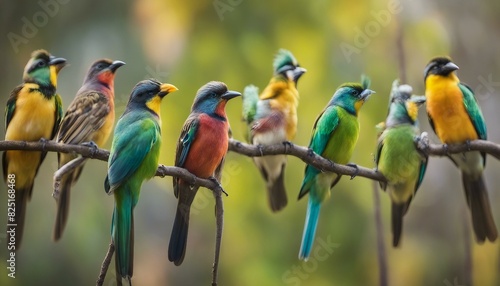 Various colorful birds, like yellow and green ones, gather harmoniously atop a tree branch or pole, showcasing vibrant beauty near leafy trees.