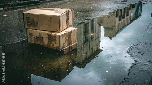 Cardboard boxes in a puddle of water reflecting urban architecture