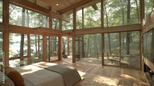 Create a bedroom with giant windows overlooking a serene forest, with sunlight filtering through the canopy and birds chirping in photo
