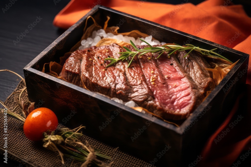 Tempting medium rare ribeye steak in a bento box against a woolen fabric background Tempting medium rare ribeye steak in a bento box against a woolen fabric background
