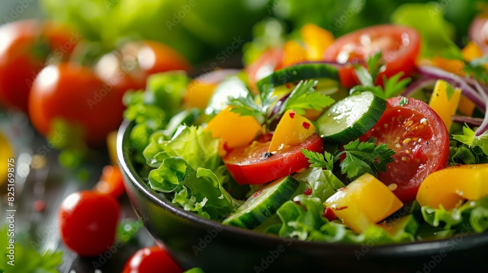 Healthy Eating: Depict a colorful summer salad being prepared with fresh vegetables and fruits, emphasizing nutrition and healthy living. Healthy Eating: Depict a colorful summer salad being prepared with fresh vegetables and fruits, emphasizing nutrition and healthy living.