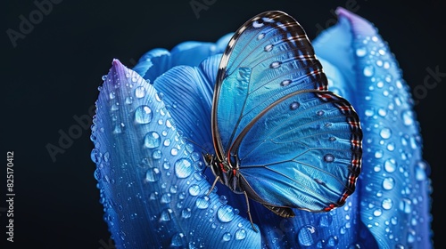Beautiful Bright blue tropical morpho butterfly on blue tulip in water drops isolated on black