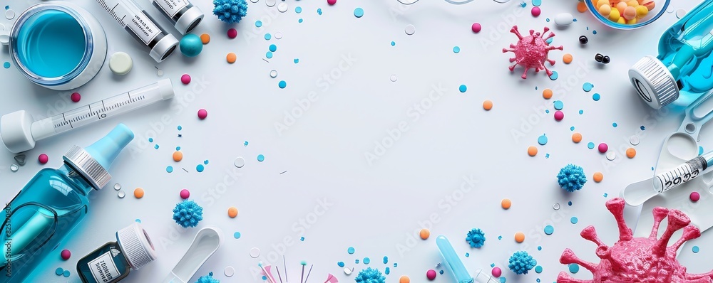 Flat design top view disease research theme, cartoon drawing, vivid colors, soft white-blue pastel background, objects on right, copy space Flat design top view disease research theme, cartoon drawing, vivid colors, soft white-blue pastel background, objects on right, copy space