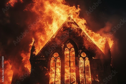 Fiery flames consume an old church in a dramatic nighttime inferno