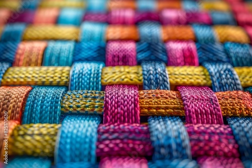 Abstract woven texture with colorful strands in blue, yellow, orange and pink.