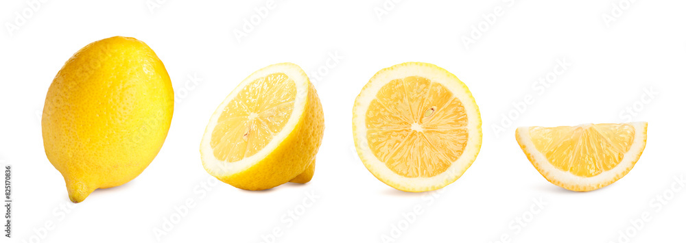 Fresh lemons isolated on white, set. Whole one, half and slices Fresh lemons isolated on white, set. Whole one, half and slices