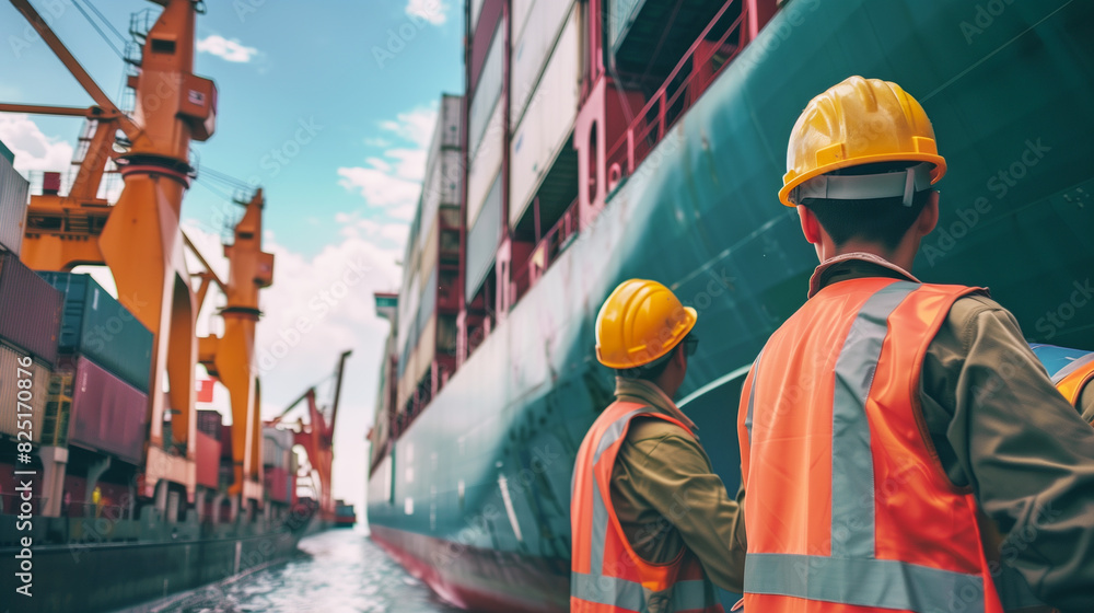 Team of logistics professionals wearing uniforms coordinating the loading of eco-friendly package boxes onto a cargo ship, facilitating environmentally responsible global transportation. Team of logistics professionals wearing uniforms coordinating the loading of eco-friendly package boxes onto a cargo ship, facilitating environmentally responsible global transportation.