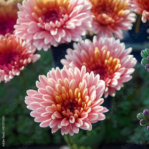 Mix of Chrysanthemum Flowers Abstract Nature Background. Natural Light Selective Focus