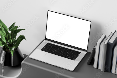 Modern workspace with an open laptop displaying a blank screen, a green potted plant, and neatly stacked books on a sleek gray desk. Minimalistic home office or study area with a neutral background.
