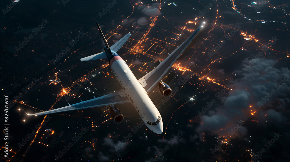 Obraz premium Top view of a commercial white airplane flying in the sky above a beautiful big city at night with glowing neon lights below.