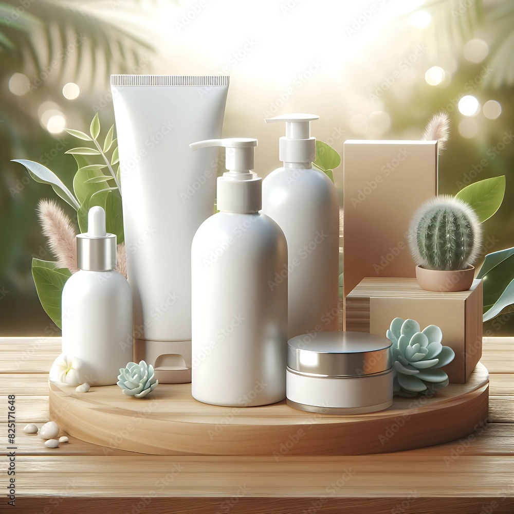 cosmetics packaging mockup with beautiful nature background.3d mockup for product promotion. cosmetics packaging mockup with beautiful nature background.3d mockup for product promotion.