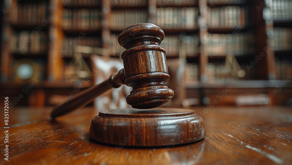 Close-Up of Wooden Gavel on Desk in Law Library with Legal Books in Background, Symbolizing Justice and Authority Close-Up of Wooden Gavel on Desk in Law Library with Legal Books in Background, Symbolizing Justice and Authority