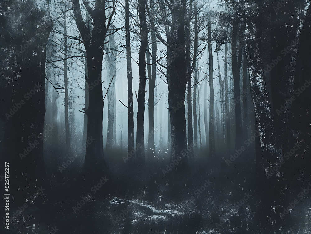 Dark Atmospheric Forest with Fog and Bare Trees in Monochromatic Blue and Black - Intricate Branch Patterns in Snow-Covered Mystical Scene for Suspense, Mystery, Fantasy Themes Dark Atmospheric Forest with Fog and Bare Trees in Monochromatic Blue and Black - Intricate Branch Patterns in Snow-Covered Mystical Scene for Suspense, Mystery, Fantasy Themes