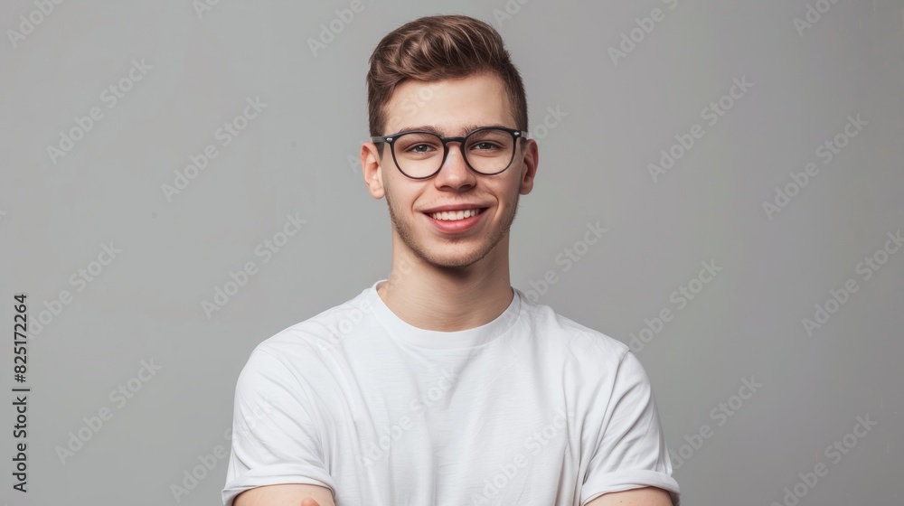 Portrait of young handsome smiling business guy wearing gray shirt and glasses, feeling confident with crossed arms, isolated on white background Portrait of young handsome smiling business guy wearing gray shirt and glasses, feeling confident with crossed arms, isolated on white background
