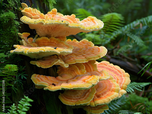 Vibrant Orange and Yellow Bracket Fungi on Mossy Tree Trunk in Lush Temperate Rainforest with Detailed Concentric Rings, Biodiverse Forest Plants, and Rich Ecosystem of Ferns and Green Foliage