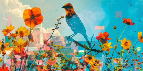 Vibrant Bird and Flowers Amidst Abstract Shapes in a Colorful Artistic Collage