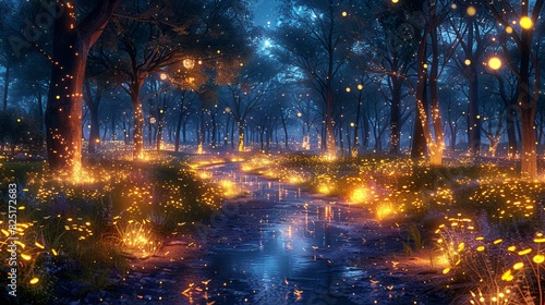 A magical scene of fireflies dancing among the trees in a moonlit forest  their bioluminescent glow creating an enchanting spectacle
