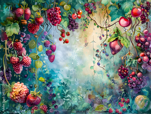 Vibrant Fantastical Garden with Lush Foliage and Abundant Fruits: Strawberries, Raspberries, Grapes, Cherries, and Apples in Vivid Red, Purple, Green Rich and Colorful Artistic Composition