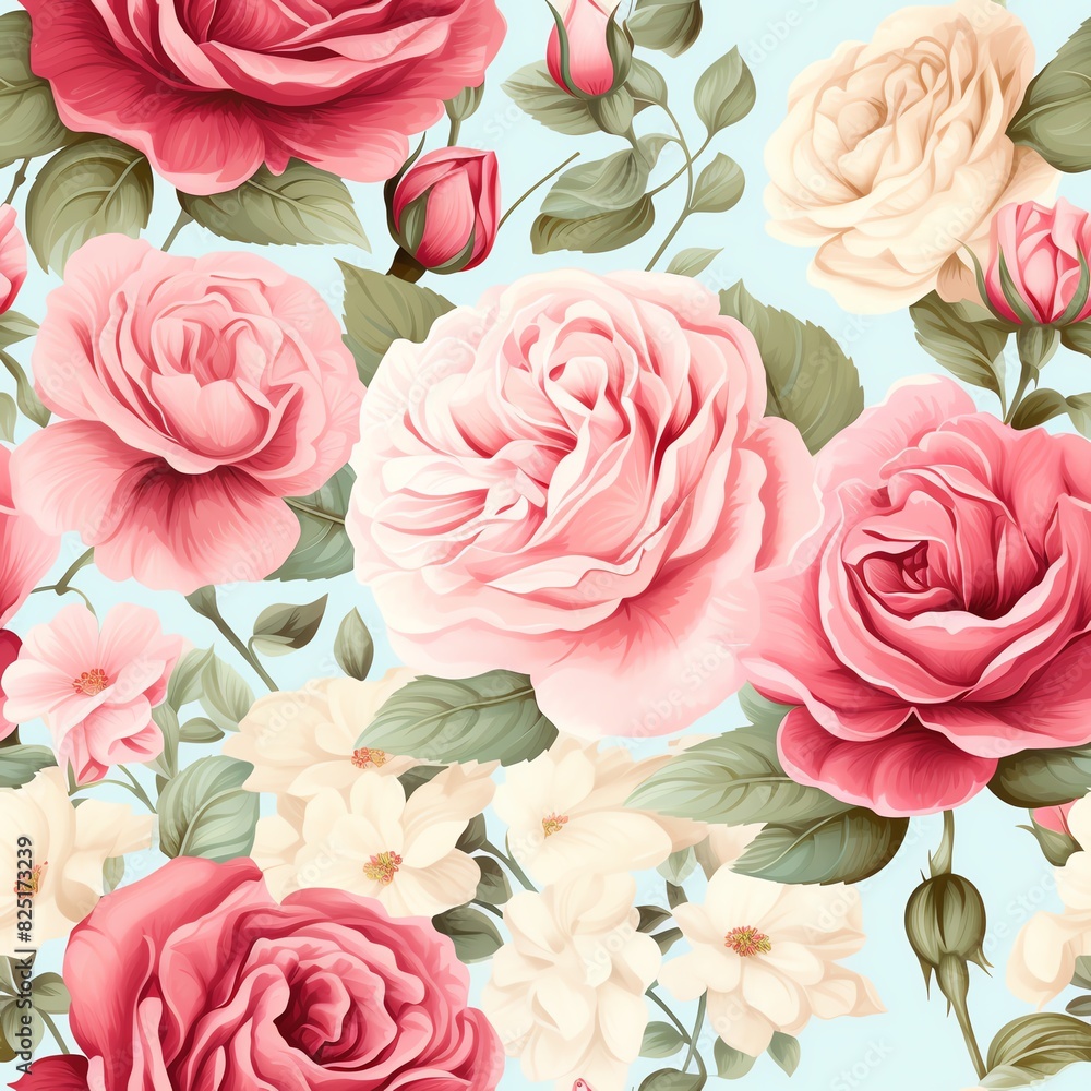 Fototapeta premium Vintage Rose Floral Pattern: A seamless pattern with classic vintage roses in soft pastel hues, accented with delicate leaves and buds.
