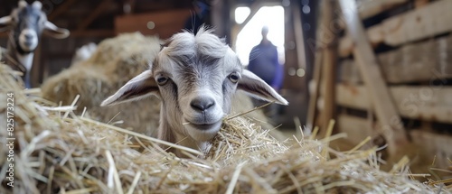 A goat in a barn eating hay. photo