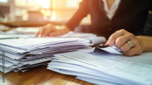 Businesswoman hands working in Stacks of paper files for searching information on work desk in office, business report papers. © aekkorn