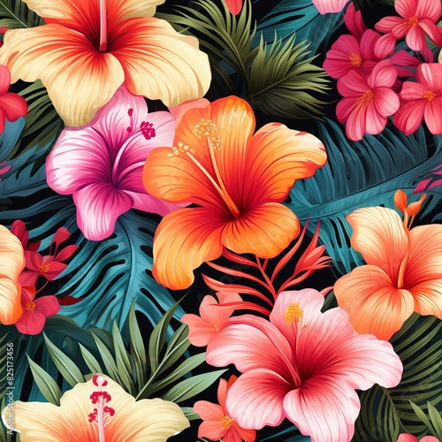 Tropical Floral Pattern: A seamless pattern with lush tropical flowers like hibiscus, orchids, and palm leaves in bright, vivid colors.